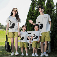 亲子装夏季一家三口短袖儿童卡通熊猫珠地棉t恤父子短裤家庭套装