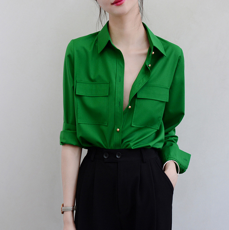 店主推荐 衬肤色翡翠绿双口袋军工风上衣bf风长袖宽松衬衫女