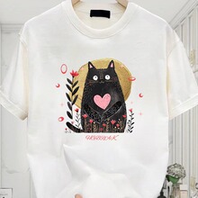 【自家版权】白色短袖T恤240克纯棉男女正肩猫咪卡通图案情侣装