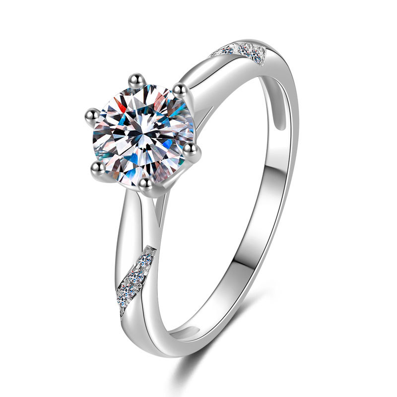 s925银通灵戒指简约幅面六爪1克拉情侣对戒男女求婚结婚钻戒刻字