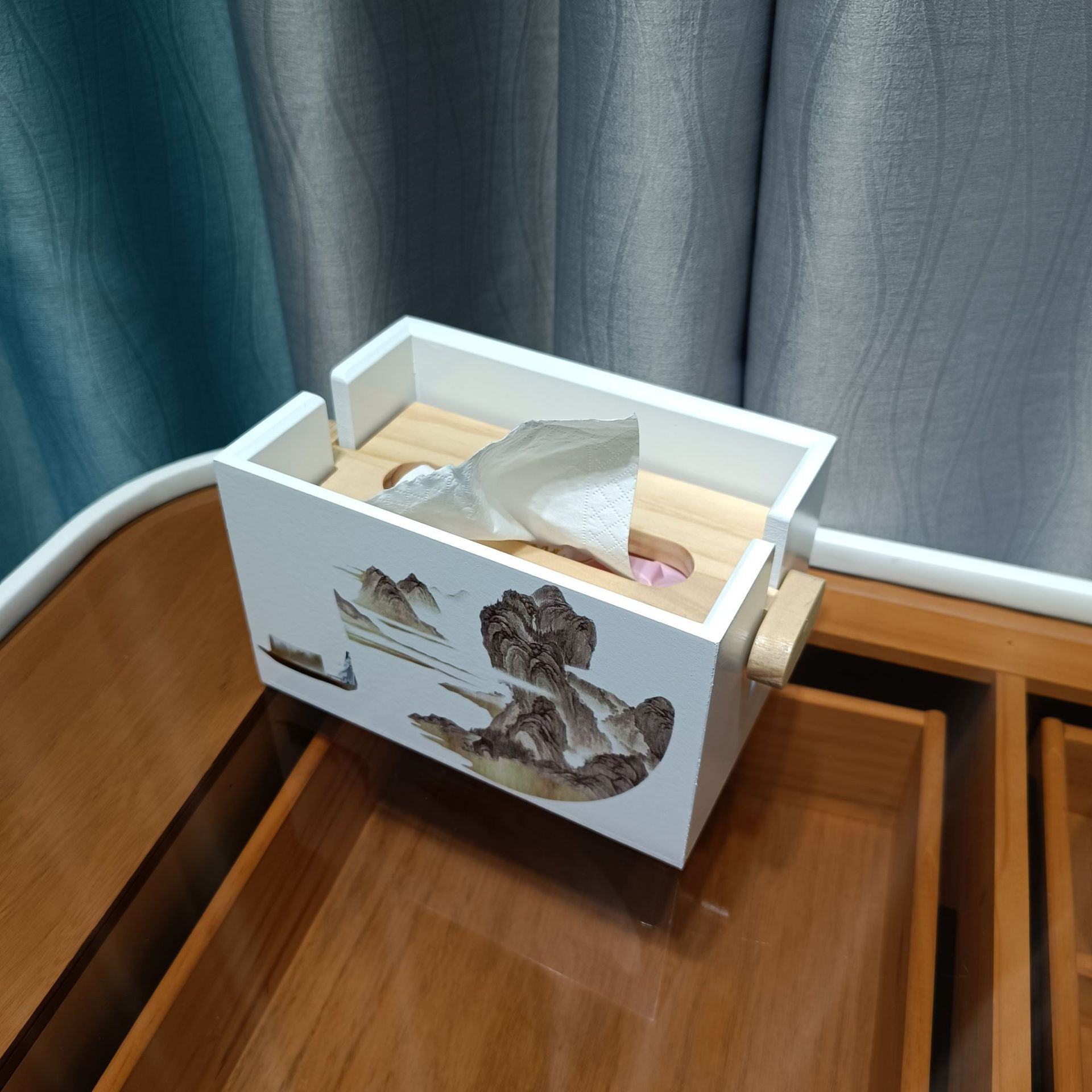 Wooden Tea Room Tissue Box Square Creative Napkin Tissue Box Home Living Room Lifting Storage Box Simple Desktop