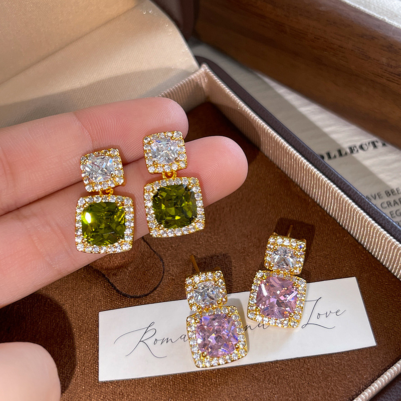 genuine gold electroplated fashionable elegant square zirconium earrings s925 sterling silver needle light luxury minority high-grade 5a zircon earrings