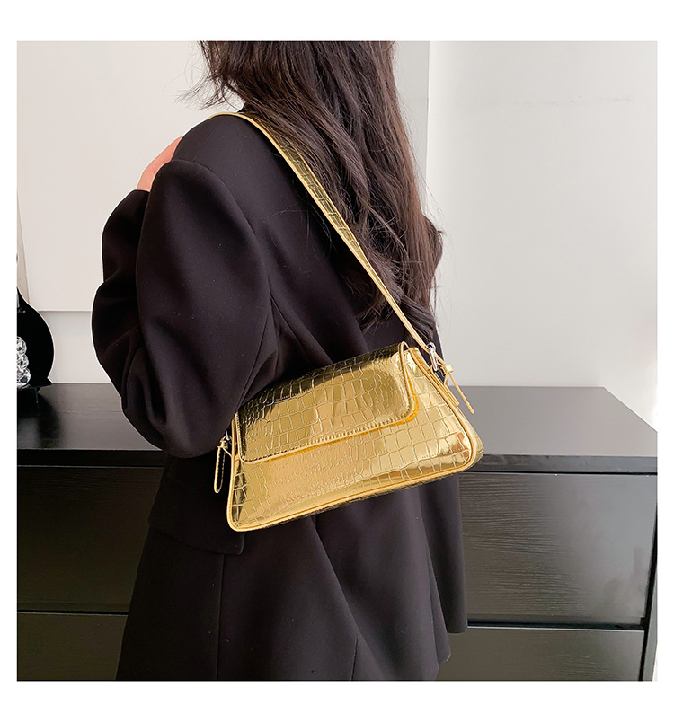 Trendy Women's Bags Cross-Border Women's Bag European and American Fashion Patent Leather Baguette Bag Textured Glossy Stone Pattern Underarm Shoulder Bag