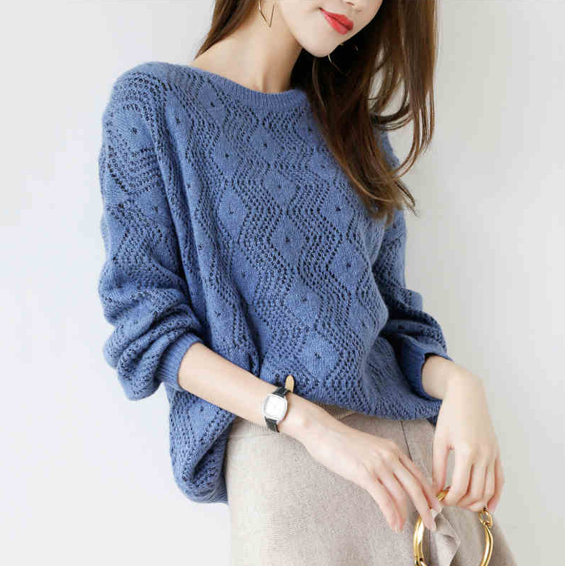 早秋针织毛衣女宽松软糯亲肤慵懒风2021年新款勾花镂空套头打底衫