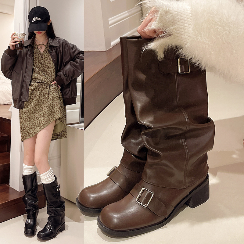 不过膝长靴女粗跟2024秋冬新款女靴欧美靴子长筒靴圆头西部骑士靴