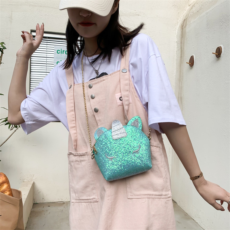 Cross-Border Wholesale 2021 New Fashion Cat Laser Sequin Chain Small Bag Girls' One-Shoulder Bag Messenger Bag Fashion