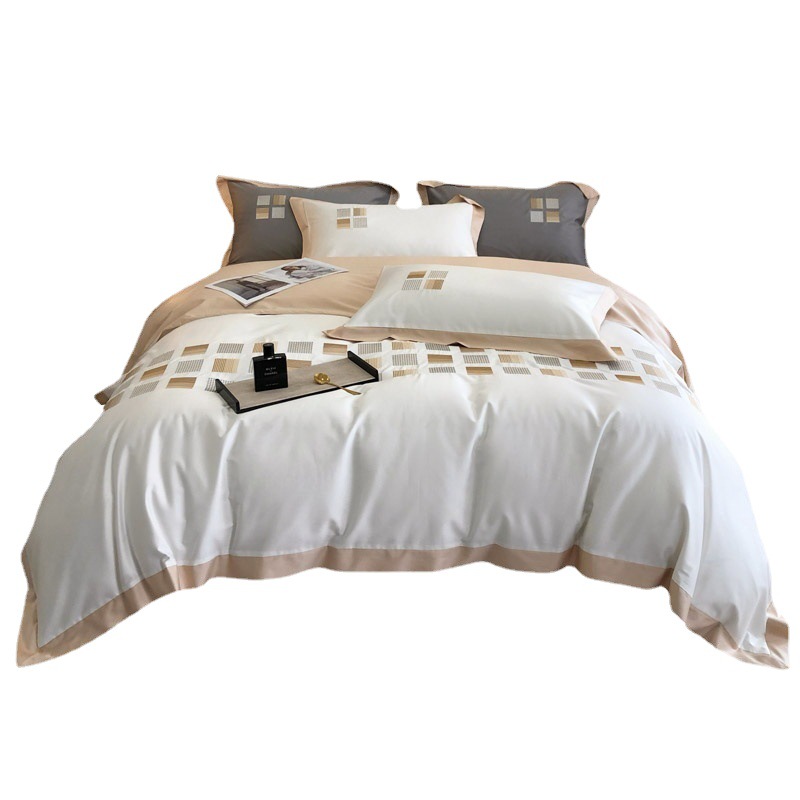 Class A European Entry Lux Style 140 Long-Staple Cotton Four-Piece Set Simple Embroidery Cotton Quilt Cover Bedding