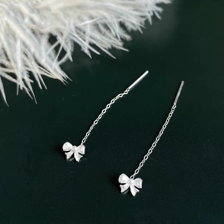 S999 Sterling Silver Bow Hanging Earrings Niche Elegant Tassel Earrings Female Korean Style Light Luxury Ins Style High-Grade Ear Studs