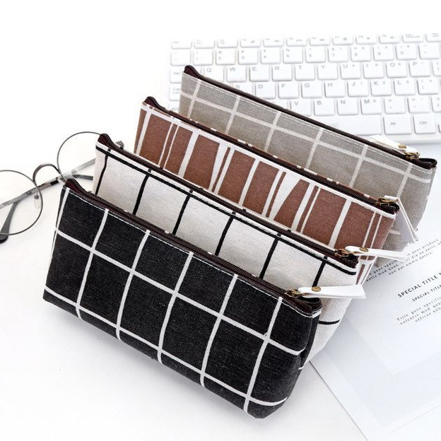 网红简约ins风学习韩版小清新条纹帆布笔袋创意男女学生文具笔盒