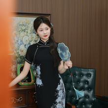 俏娘鱼复古民国风黑色大花短袖旗袍2024年夏季新款日常可穿老上海