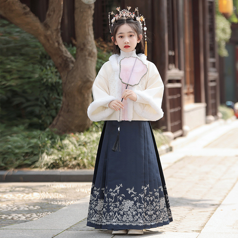 Girls' Horse-Face Skirt Suit 2023 Thickened New Year Clothes Navy Blue Tang Costume Han Costume Chinese Style Little Girl Ancient Costume Winter