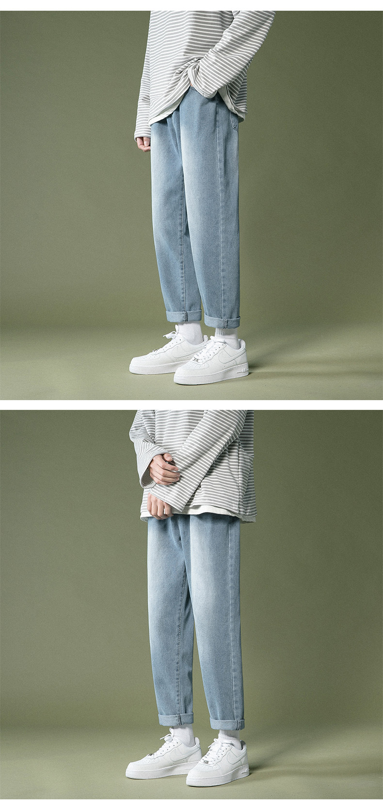 牛仔裤男士阔腿直筒裤子韩版潮流秋季新款九分裤宽松浅色休闲长裤