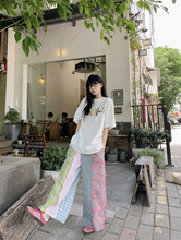 辣妹拼色休闲裤女2025夏季新款复古设计感时尚高腰显瘦阔腿长裤子