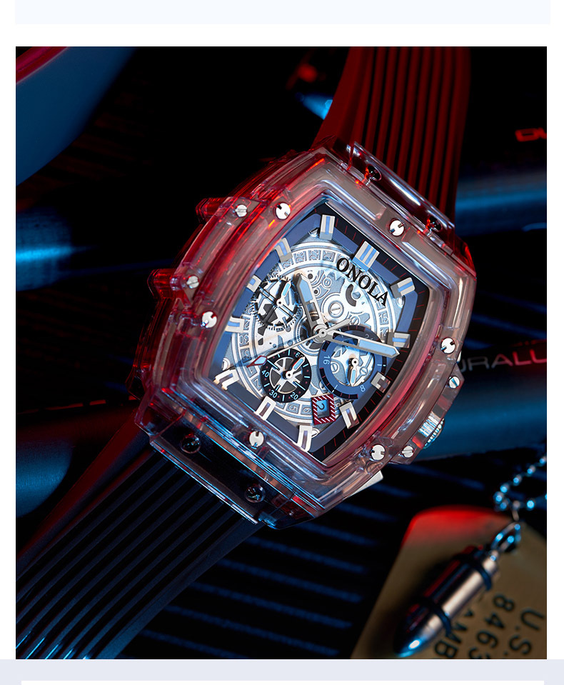 onola透明壳方形爆款手表时尚夜光青年学生腕表抖音网红男士手表