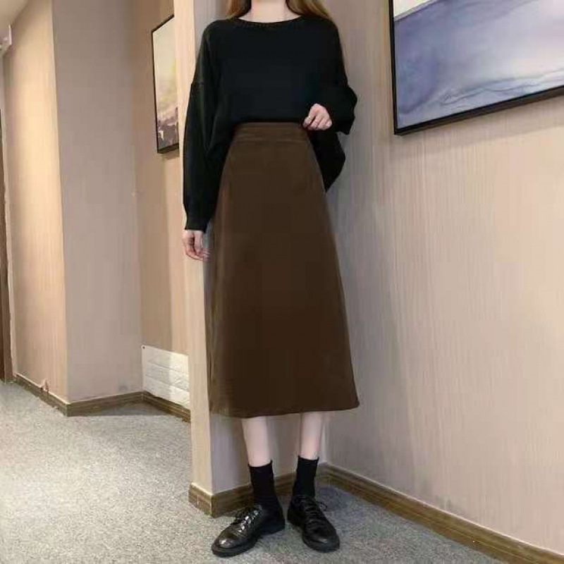 Straight Skirt Corduroy Skirt Women Autumn Winter Korean Style Slimming All-Match High Waist Sheath Mid-Length A- line Skirt