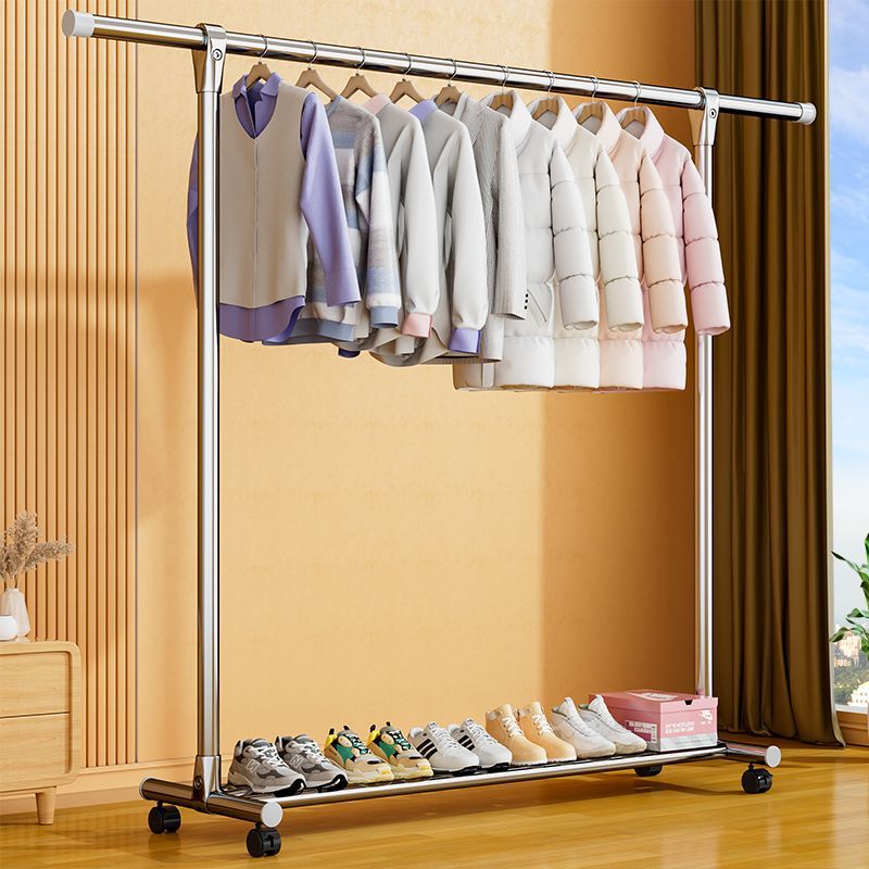 不锈钢晾衣架落地式超厚晾衣杆出租屋移动式晒衣架带轮可伸缩衣架