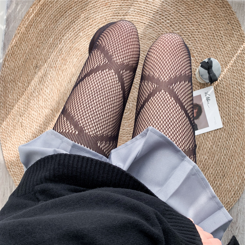 夏季镂空烫钻性感网袜黑色丝袜 字母欧美大码诱惑ins蝴蝶结渔网袜