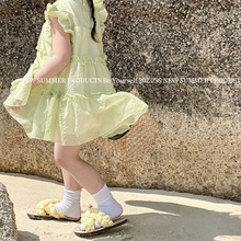 儿童纱裙2024夏季新款韩版女童绿色网纱连衣裙飞袖公主裙子舞蹈裙
