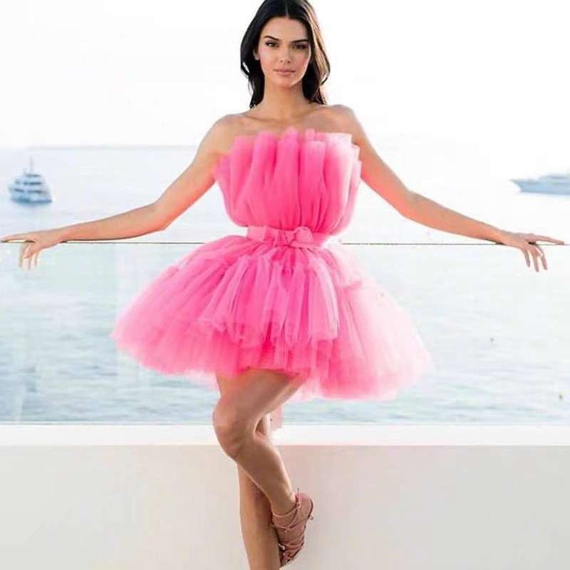 时尚短款蓬蓬公主裙明星同款粉色生日宴聚会礼服年会艺考抹胸纱裙