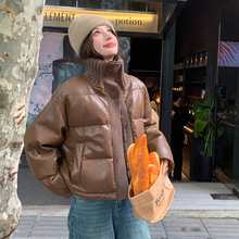 实拍咖啡色短款皮衣羽绒服女冬季2023新款韩版加厚小个子保暖外套