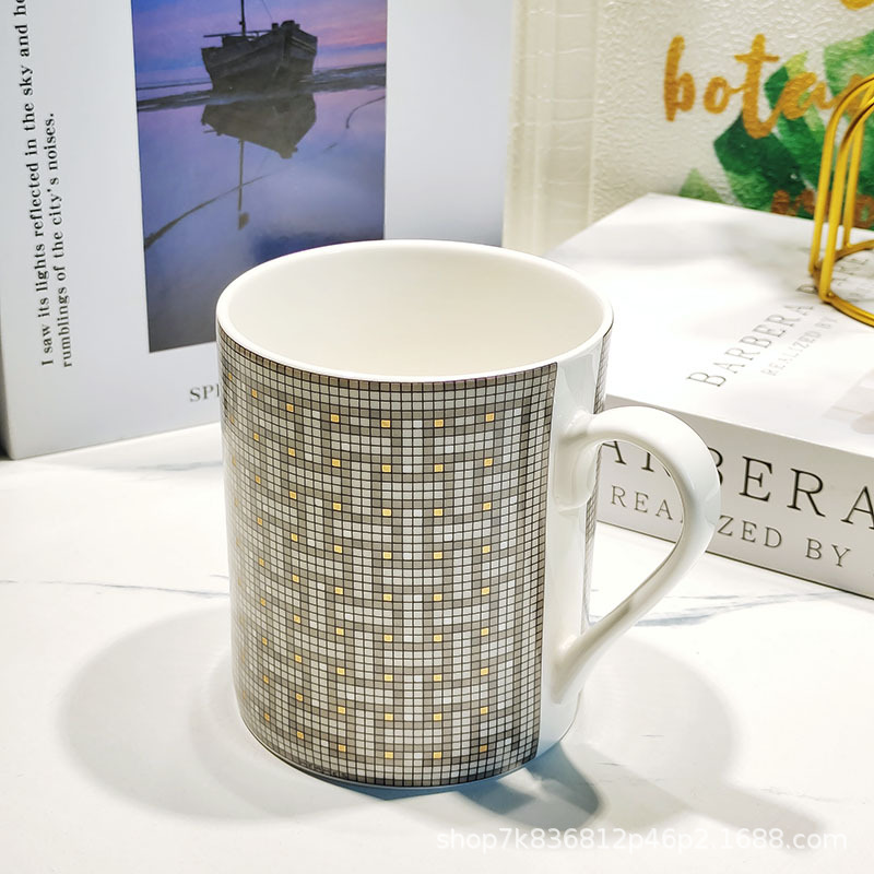 跨境欧式简约时尚陶瓷马克杯大容量早餐牛奶杯灰色马赛克咖啡杯子