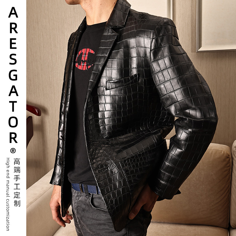 aresgator暹罗鳄鱼皮夹克外套修身型休闲不连帽韩版黑色真皮皮衣