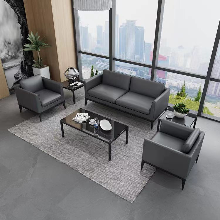 简约现代办公室沙发商务洽谈区休闲三人位真皮接待室沙发茶几组合