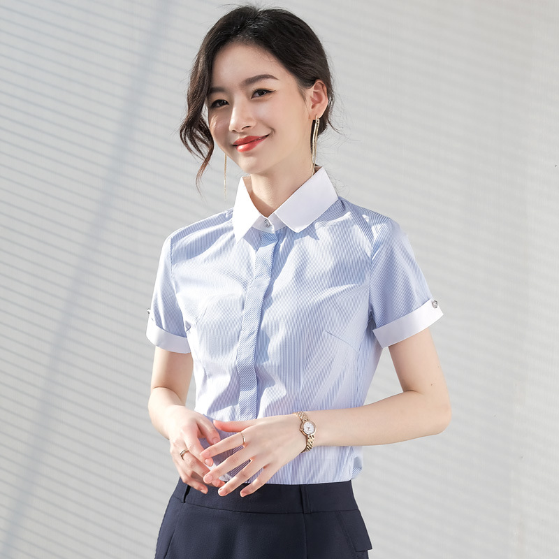 白领蓝色条纹短袖衬衫女职业夏季新款气质工装半袖衬衣银行工作服