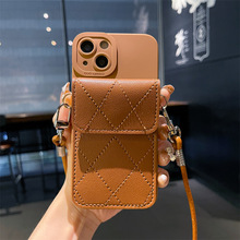 奢华棕色卡包适用苹果14pro斜挎手机壳女款iPhone12/11背带保护套