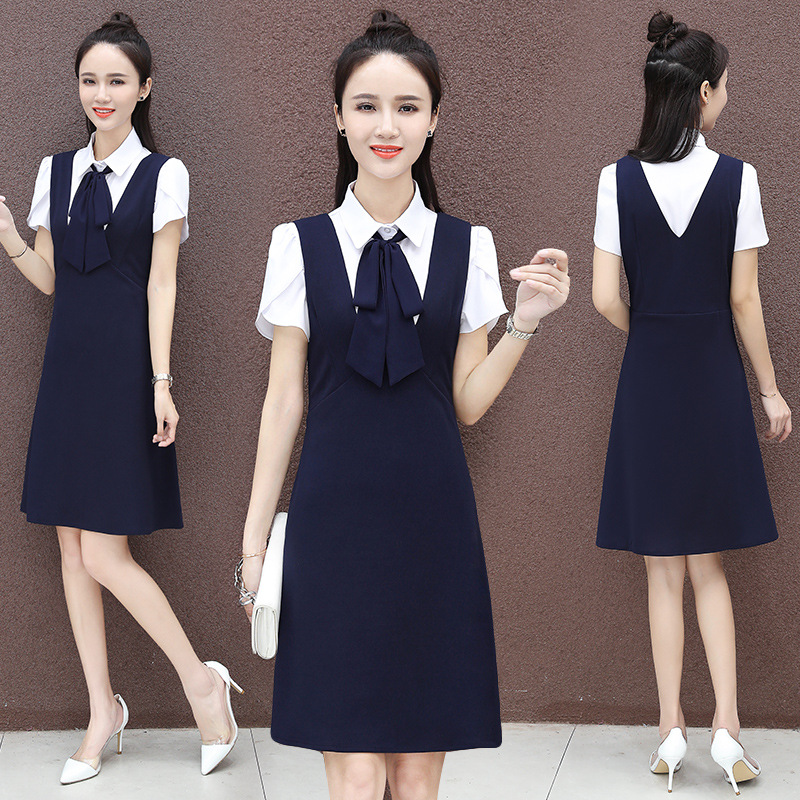 幼儿园老师园服教师美容院制服幼师工作服夏季连衣裙职业装两件套