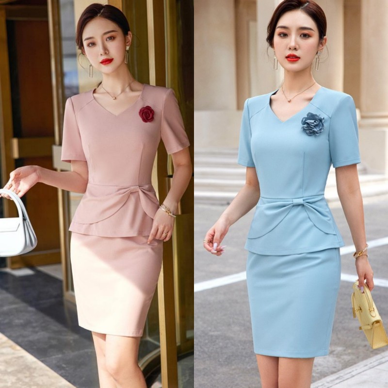 2023夏季新款职业装女士收腰短袖西装套装珠宝酒店美容师工作制服