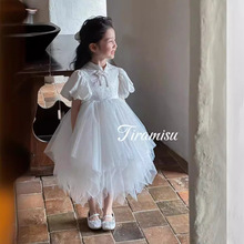 TNMS2024春夏女童公主裙纯白色中式婚纱泡泡袖大裙摆网纱礼服