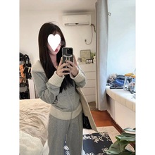 美式灰色针织拼接卫衣女春秋宽松慵懒风oversize开衫拉链翻领外套