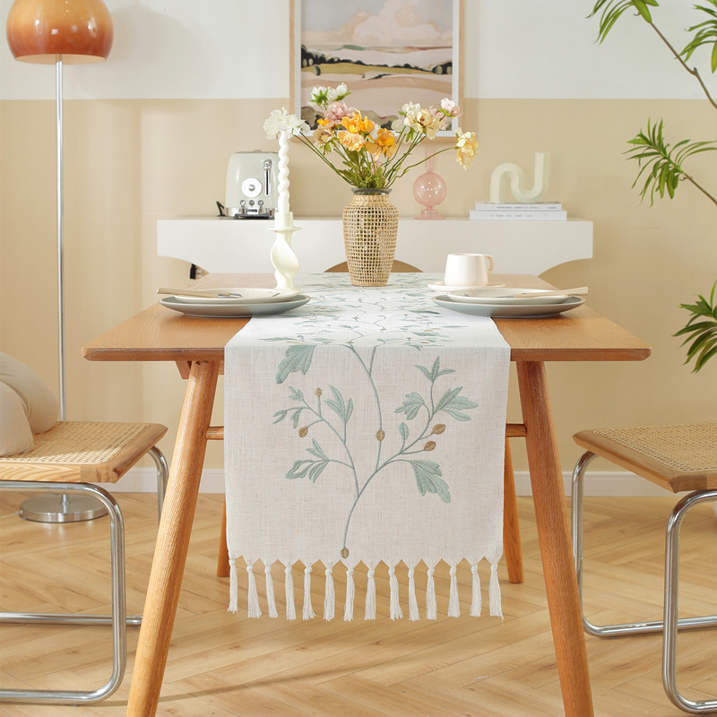 Cross-Border European and American Amazon New Simple Cotton and Linen Embroidered Table Runner Tassel Household Dining Table Table Towel Home Decoration