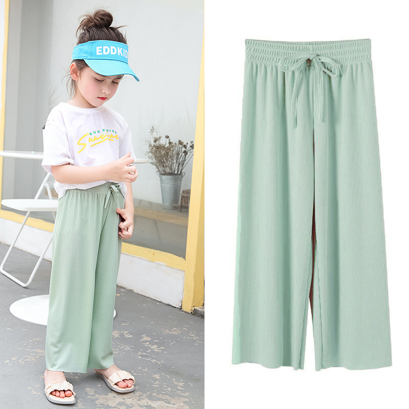 Girls' Anti-Mosquito Pants 2023 New Summer Thin Children's Pants Medium and Big Children Loose Casual Ice Silk Cropped Wide-Leg Pants