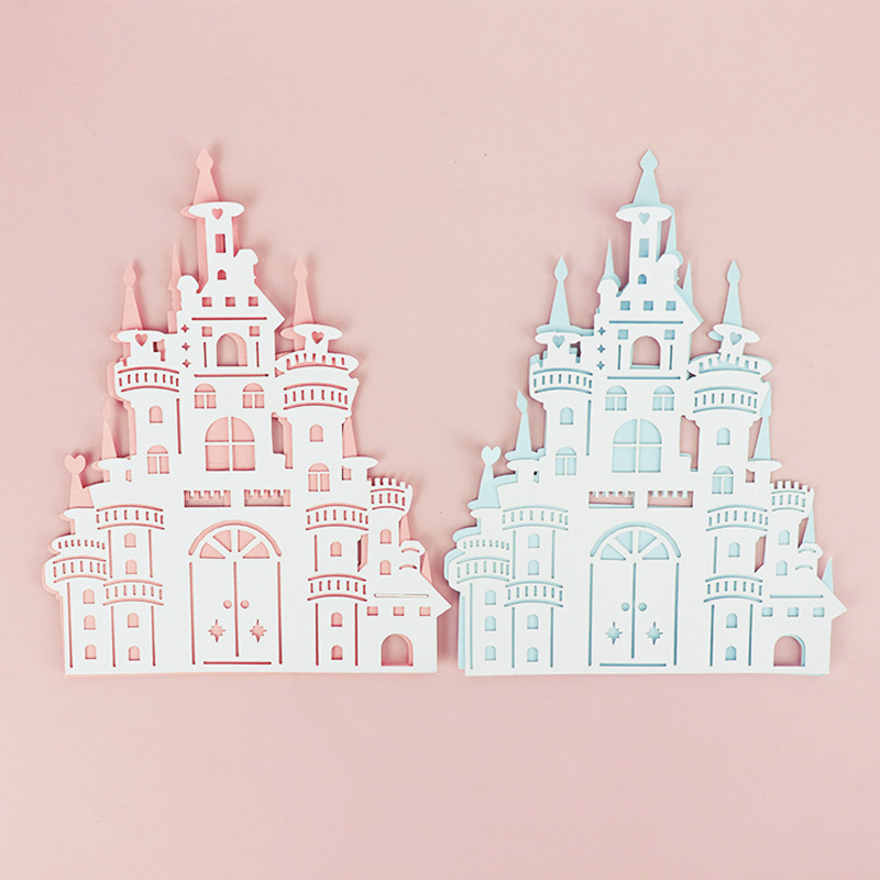 多层纸质粉色蓝色城堡生日蛋糕装饰少女心热气球风车蛋糕插件