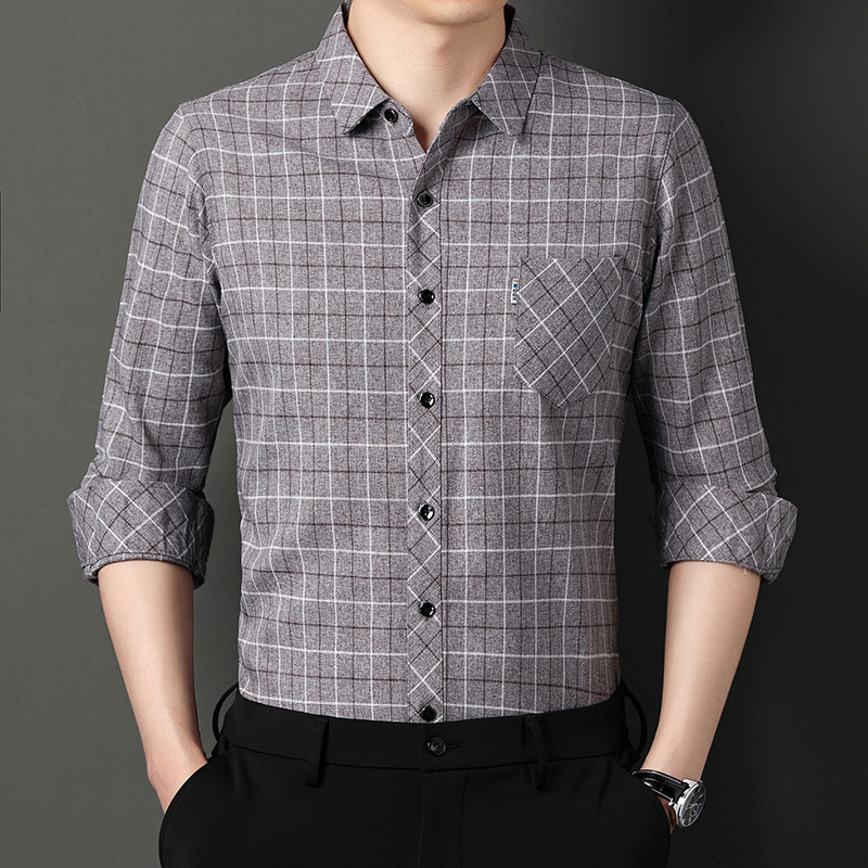 春秋季男士长袖棉麻衬衣 中年休闲男装真口袋亚麻格子衬衫代批发
