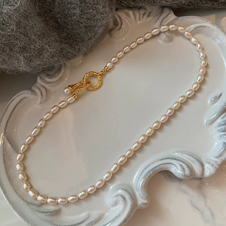 4-5mm天淡水然巴洛克小米珠项链法式复古14k包金吊坠扣锁骨颈链女