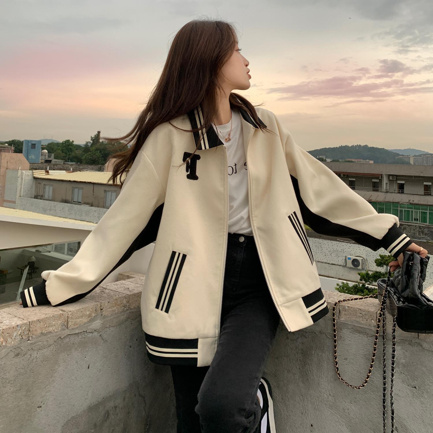 毛呢棒球服外套女秋冬季校花姐长短款韩版宽松小个子减龄夹克上衣