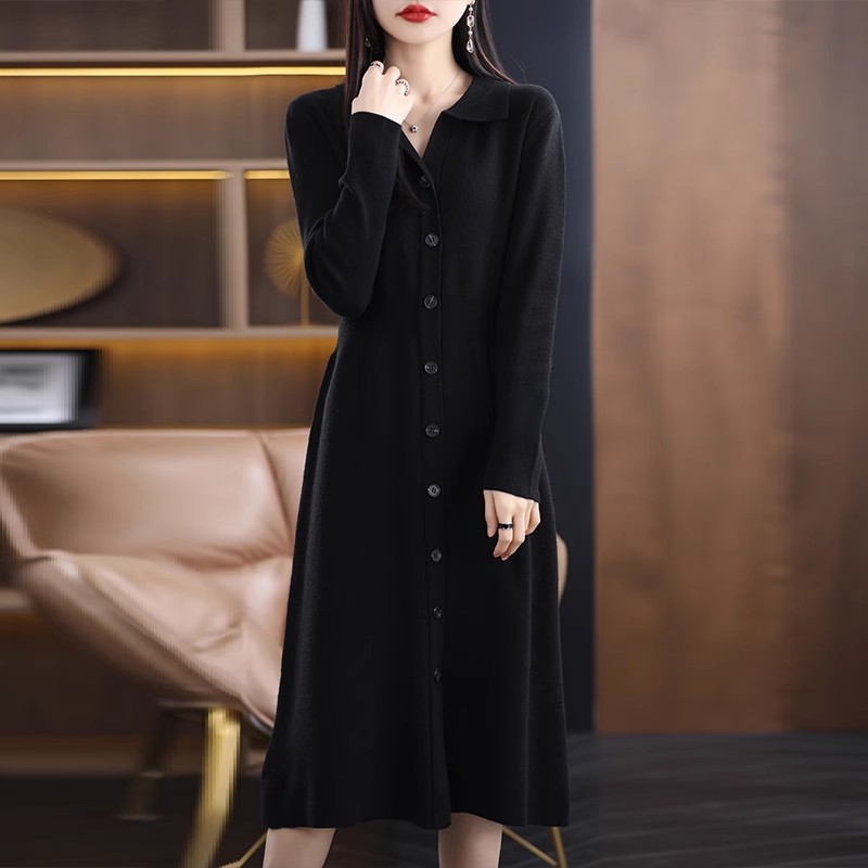 外贸开衫女中长款连衣裙polo领外搭秋冬新款宽松羊绒针织裙外套