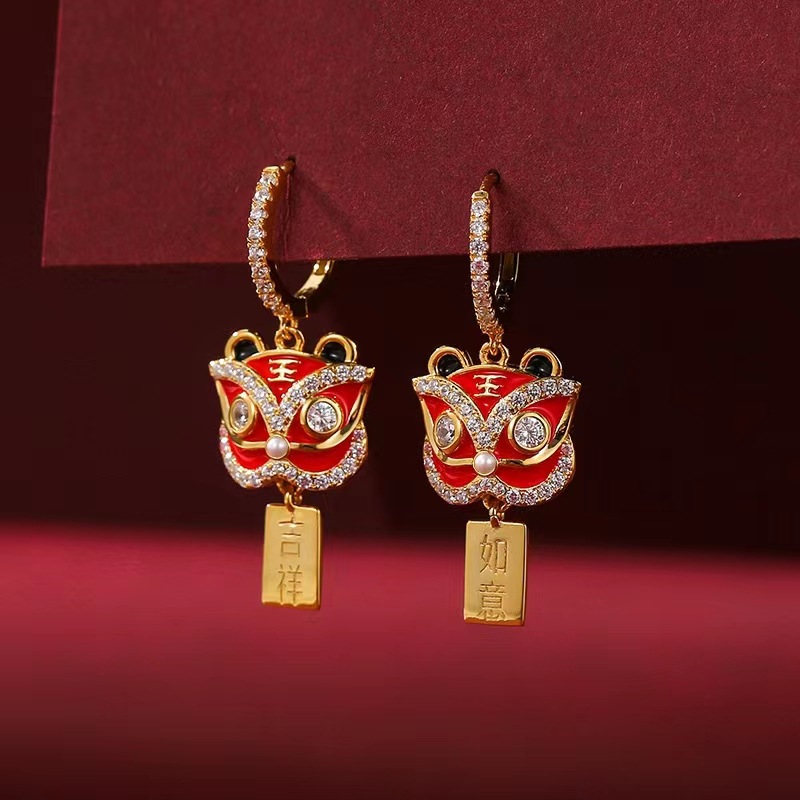 醒狮独特耳环低温珐琅小众设计感高级冷性风网红醒狮耳扣女新款潮