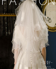 新娘结婚登记领证自拍照头饰仙美白色多层蓬松款珍珠蝴蝶结小头纱