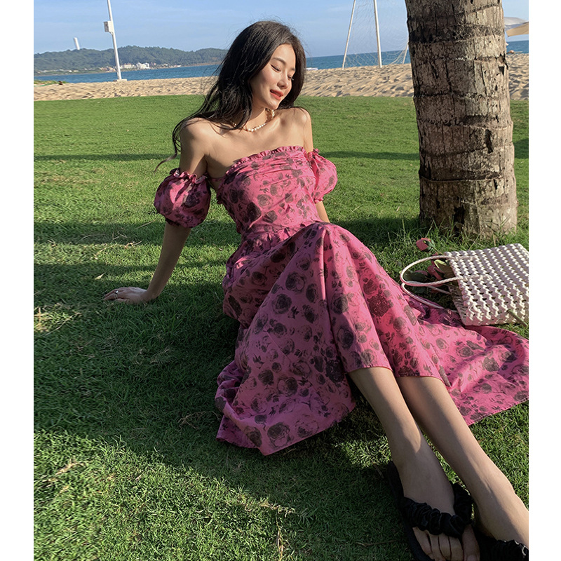 French Dress 2023 Tube Top Floral Tight Waist Waist Dress Rose Red Sanya Seaside Vacation Beach Dress