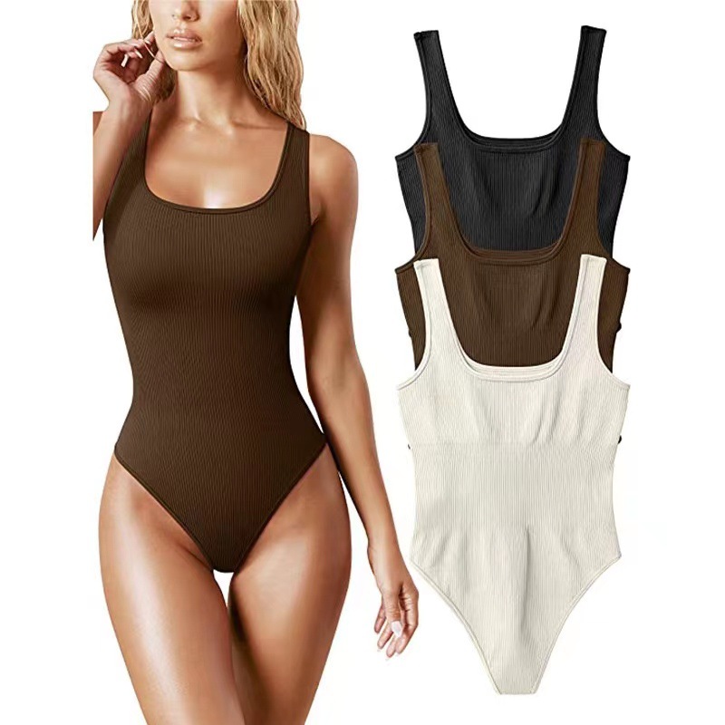 Amazon Europe and America Cross Border Hot Sale Popular Seamless Thread Vest Waist Slimming and Hip Lifting Body Shaping round Neck Jumpsuit Belly Contracting