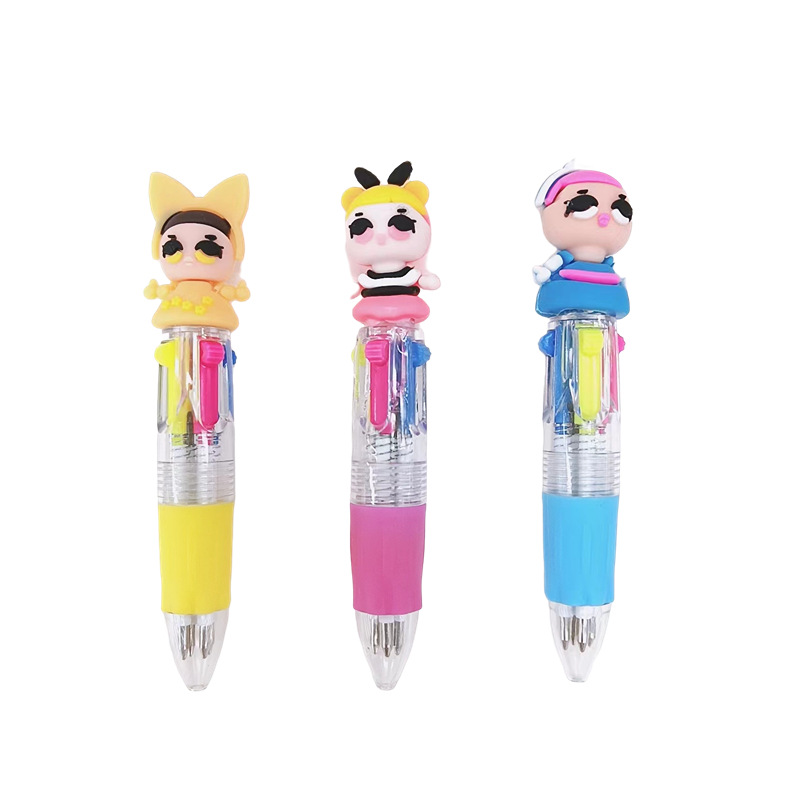 Cute Cartoon Mini Four-Color Ballpoint Pen Silicone Short Pen Easy to Carry 4 Color Pen Student Journal Multi-Color Ballpoint Pen