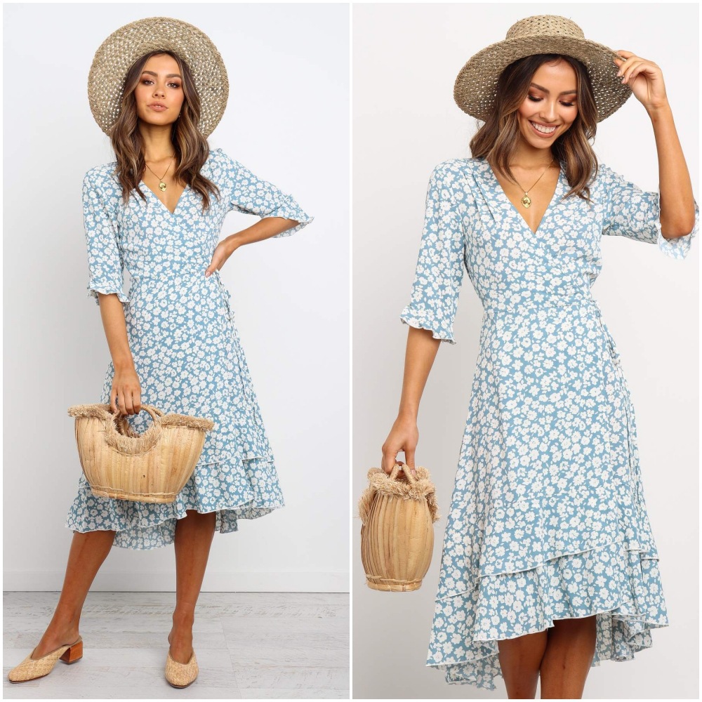 亚马逊热卖欧美外贸女装碎花印花v领荷叶边不规则拼接短袖连衣裙