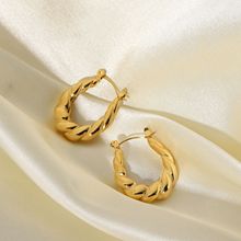 欧美夏洛特双绞线时尚女性耳环 18K金镀金不锈钢粗制牛角面包耳环