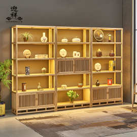 茶叶店展示架货架实木新中式茶庄带灯茶具普洱茶叶饼展示柜陈列柜