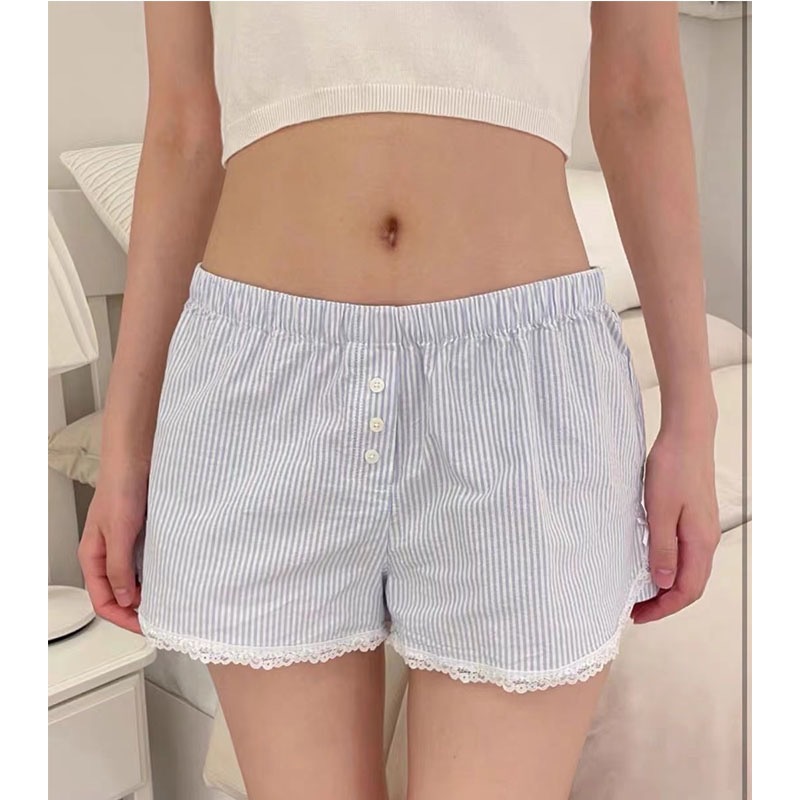 bm美式蓝白条纹四角裤夏季新款bm短裤女蕾丝边三粒扣居家裤直筒裤