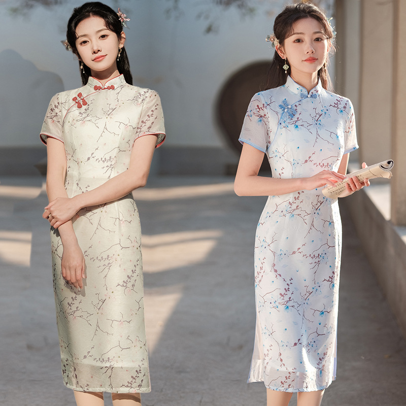 2024春夏新款中国风天丝提花中长款复古旗袍女装少女改良连衣裙